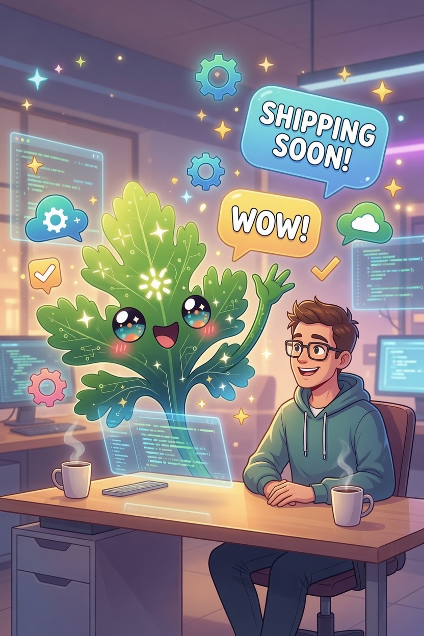 Sprig, Chervil's leafy green mascot, sitting at a desk chatting with a smiling person at a computer — speech bubbles reading “SHIPPING SOON!” and “WOW!”, holographic code windows, gears, a cloud, checkmarks, and sparkles floating around a modern office — Chervil 0.10.0.