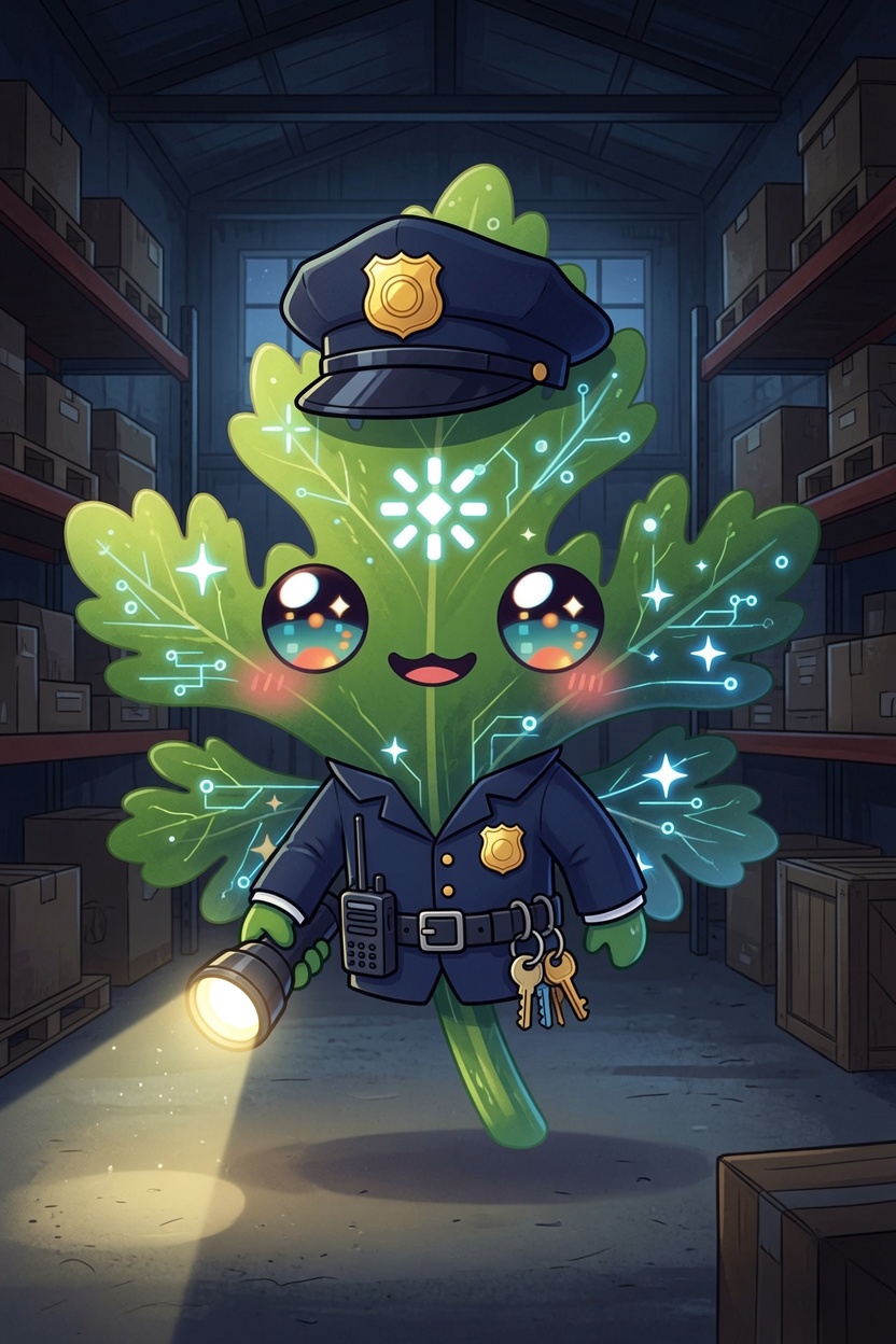 Sprig, Chervil's leafy mascot, dressed as a security guard — dark uniform with a gold badge, peaked cap, a flashlight in one hand and a ring of keys on the belt — patrolling a dim warehouse of storage shelves, standing watch over what's kept safe.