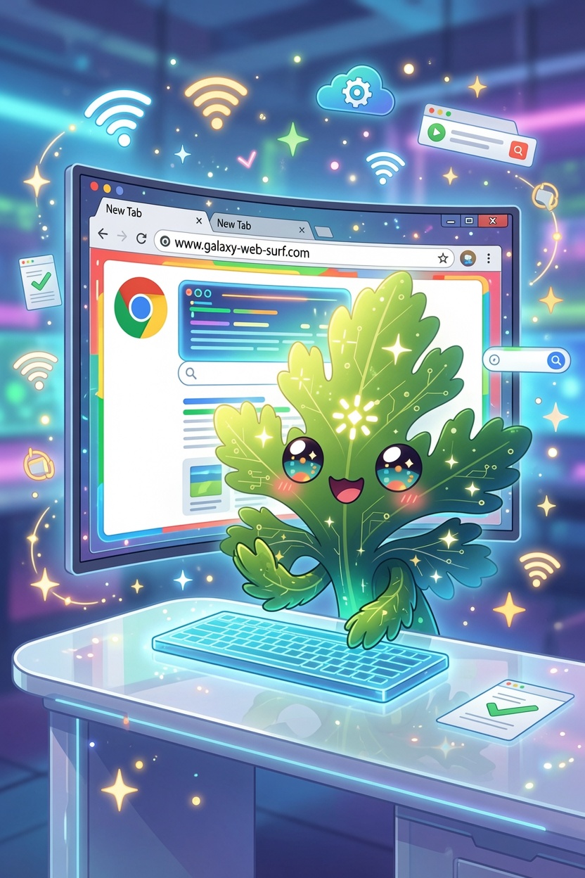 Sprig, Chervil's leafy green mascot with circuit-patterned leaves and bright sparkling eyes, standing at a glowing web browser on a glass desk — a browser window with tabs and an address bar behind it, a Chrome logo on the page, and wifi, search, and checkmark icons sparkling all around.