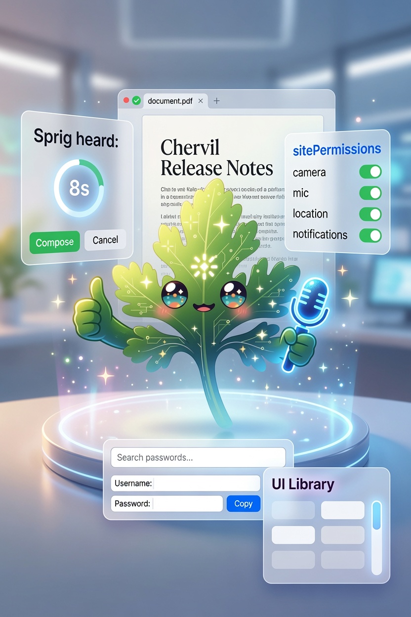 Sprig, Chervil's glowing leafy-green mascot with circuit-patterned leaves and bright sparkling eyes, holding a microphone and giving a thumbs-up on a glass desk. Around it float a 'Sprig heard:' confirmation card with a countdown ring and Compose/Cancel buttons, a browser tab showing document.pdf, a Site permissions panel with camera, mic, location, and notifications toggles, and a password field with a Search box and a Copy button.