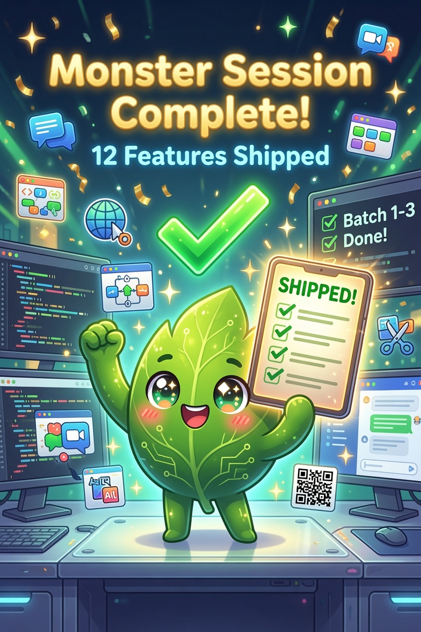 Sprig, Chervil's leafy-green mascot with circuit-veined leaves and sparkling eyes, pumping a fist in celebration while holding a glowing tablet checklist stamped SHIPPED! Behind it, monitors full of code and browser windows read 'Monster session complete! 12 features shipped' with 'Batch 1–3 done!', surrounded by confetti, a green checkmark, a QR code, scissors, a translate icon, video-chat bubbles, and a tab-group grid.
