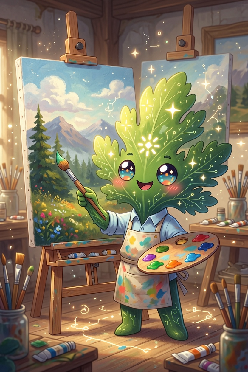 Sprig, Chervil's leafy-green mascot with circuit-veined leaves and sparkling eyes, standing at a wooden easel in a cozy paint-splattered studio — brush raised in one hand, a palette of glossy paints in the other, wearing a paint-flecked apron in front of a half-finished mountain landscape.