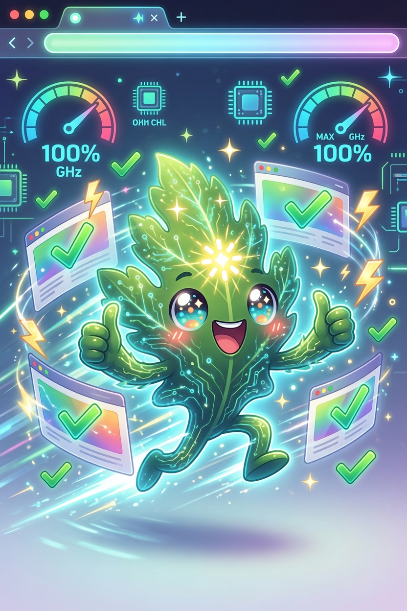 Sprig, Chervil's leafy-green mascot with circuit-veined leaves and sparkling eyes, sprinting forward with two thumbs up through motion-blur speed lines — surrounded by floating browser windows that all show green checkmarks and speedometer gauges pegged at 100%, with lightning bolts and CPU chips glowing in a dark browser frame.