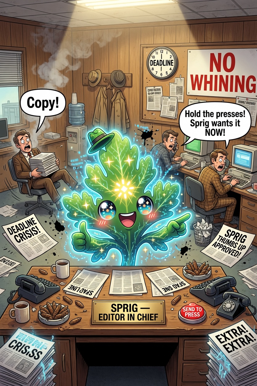 Sprig, Chervil's leafy-green mascot with circuit-veined leaves and sparkling eyes, glowing at a cluttered old-school newsroom desk with a 'SPRIG — EDITOR IN CHIEF' nameplate and a red 'SEND TO PRESS' button. Reporters in trench coats shout 'Copy!' and 'Hold the presses! Sprig wants it NOW!', headlines read 'EXTRA! EXTRA!' and 'SPRIG THUMBS UP APPROVED!', a deadline clock and a 'NO WHINING' sign hang on the wall.