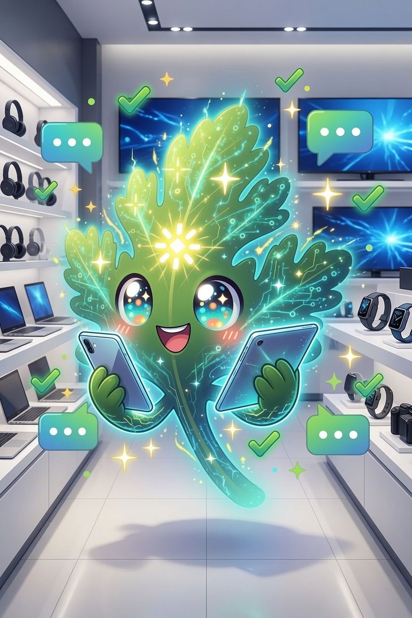 Sprig, Chervil's leafy-green mascot with circuit-veined leaves and big sparkling eyes, glowing in the middle of a bright electronics store, holding up two smartphones side by side to compare them. Green checkmarks and blue-and-green chat bubbles float all around, with laptops, headphones, smartwatches, and TVs lined up on the shelves behind.