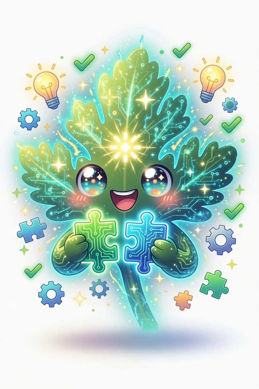 Sprig, Chervil's leafy mascot, holding two glowing circuit-patterned puzzle pieces — features clicking together.