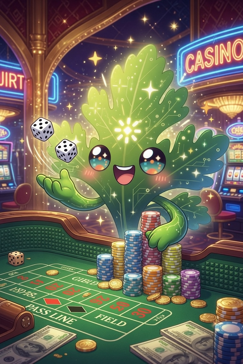 Sprig, Chervil's leafy-green mascot with circuit-veined leaves and big sparkling eyes, grinning at a craps table in a neon-lit casino, tossing two dice with one hand while the other rests on tall stacks of coloured chips.