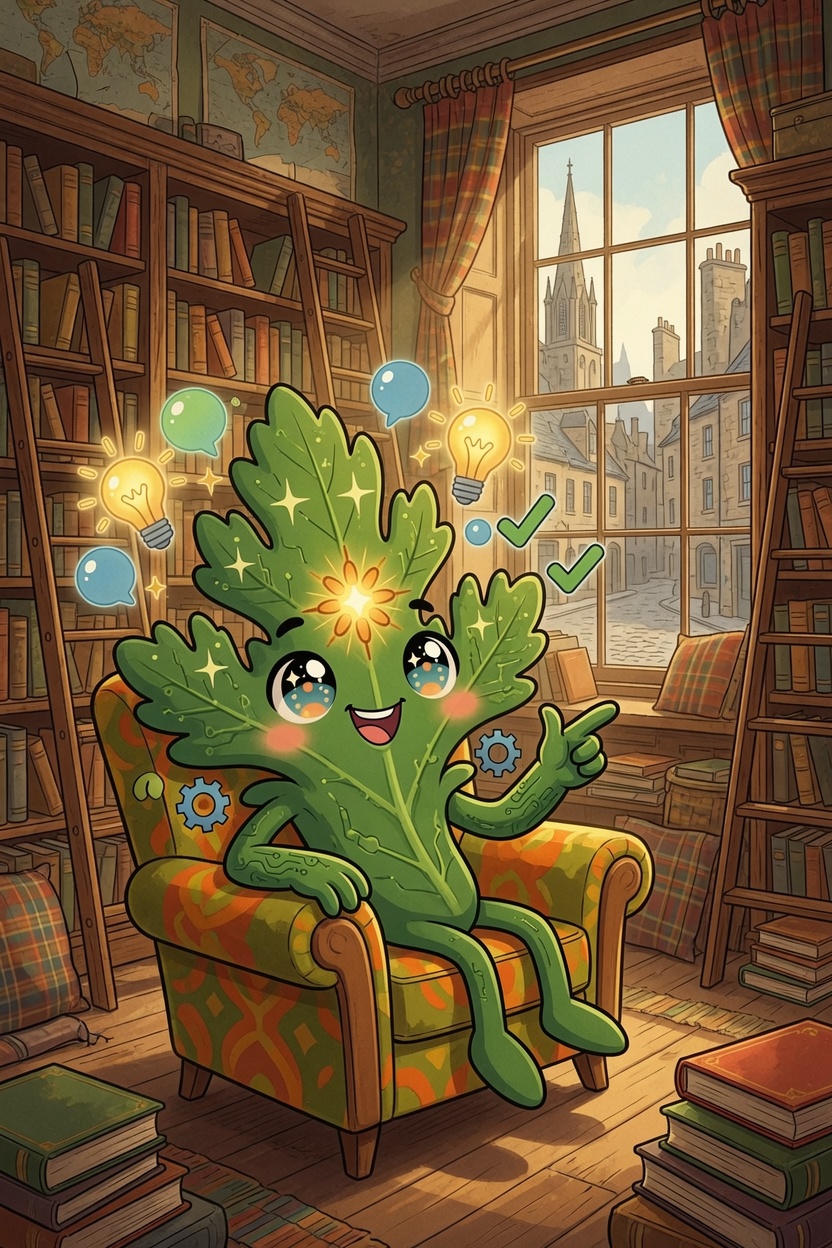Sprig, Chervil's leafy-green mascot with circuit-veined leaves and big sparkling eyes, sitting in a cozy patterned armchair in a warm, book-lined study — ladders against floor-to-ceiling shelves, an old map on the wall, a medieval town with a cathedral spire out the window — grinning and pointing, with glowing lightbulbs, speech bubbles, and green checkmarks floating around his head.