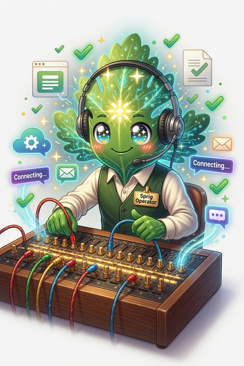 Sprig, Chervil's leafy-green mascot with circuit-veined leaves and big sparkling eyes, dressed as an old-time telephone switchboard operator — wearing a headset and a green vest with a "Sprig Operator" name badge, cheerfully patching glowing colorful cables into a wooden switchboard, surrounded by floating "Connecting…" speech bubbles, chat and mail icons, and green checkmarks.