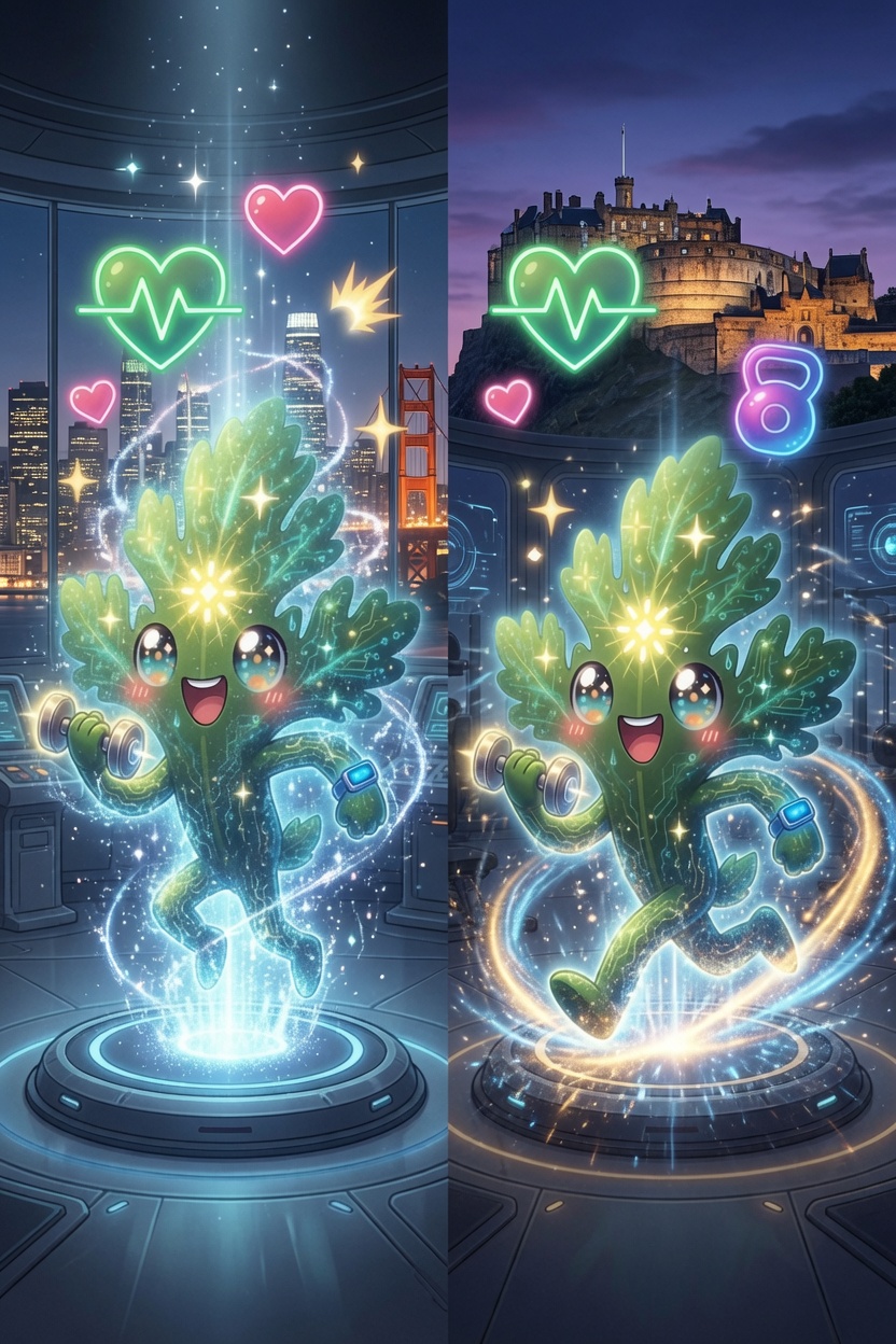 A split scene of Sprig, Chervil's leafy-green mascot, on a glowing sci-fi transporter pad — dematerializing into light on the left with a city skyline and a suspension bridge behind him, and rematerializing on the right with a floodlit hilltop castle behind him — beaming from one place to the other, with neon icons swirling around him.