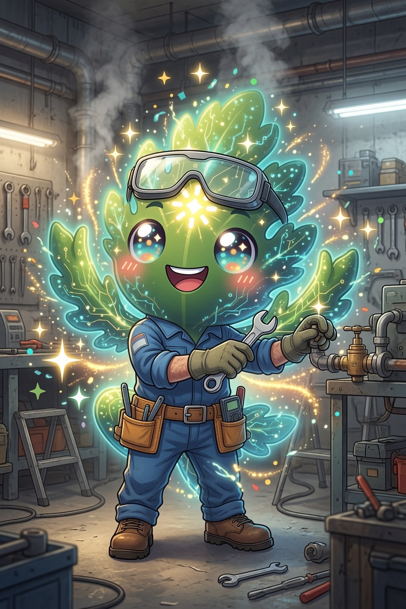 Sprig, Chervil's leafy-green mascot, dressed as a maintenance worker in blue coveralls, work gloves, brown boots and a tool belt, with safety goggles pushed up over his glowing leaves. He's grinning and tightening a brass valve on a pipe with a wrench, in a workshop lined with pegboards of tools and workbenches.