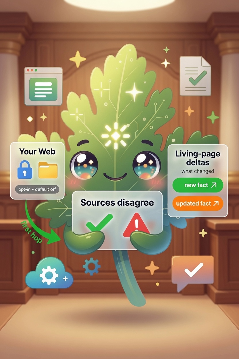 Sprig, Chervil's leafy-green mascot, standing in a wood-panelled courtroom holding up a card that reads 'Sources disagree' with a green tick on one side and a red warning triangle on the other. Floating around him are interface cards: 'Your Web' marked 'opt-in · default off' with a padlock and folder, a green arrow labelled 'first hop', and 'Living-page deltas — what changed' with green 'new fact' and orange 'updated fact' chips.