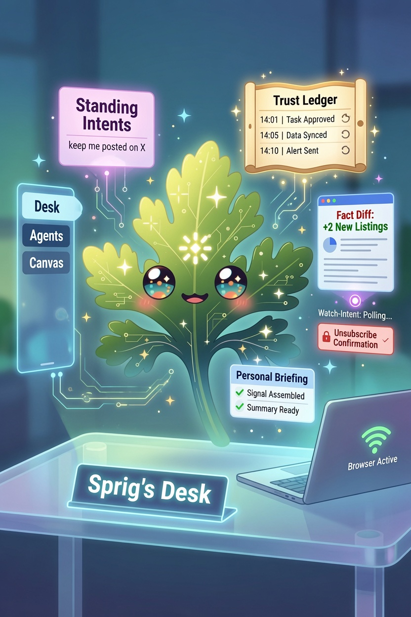 Sprig, Chervil's leafy-green mascot, glowing at a glass desk with a sign reading 'Sprig's Desk' and a laptop marked 'Browser Active'. Floating around him are interface cards: 'Standing Intents — keep me posted on X', a scroll headed 'Trust Ledger' listing timestamped actions each with an undo arrow, a 'Fact Diff: +2 new listings' panel, 'Personal Briefing' with green ticks, a 'Watch-Intent: Polling…' badge, an 'Unsubscribe Confirmation' with a padlock, and a rail of tabs reading Desk / Agents / Canvas.