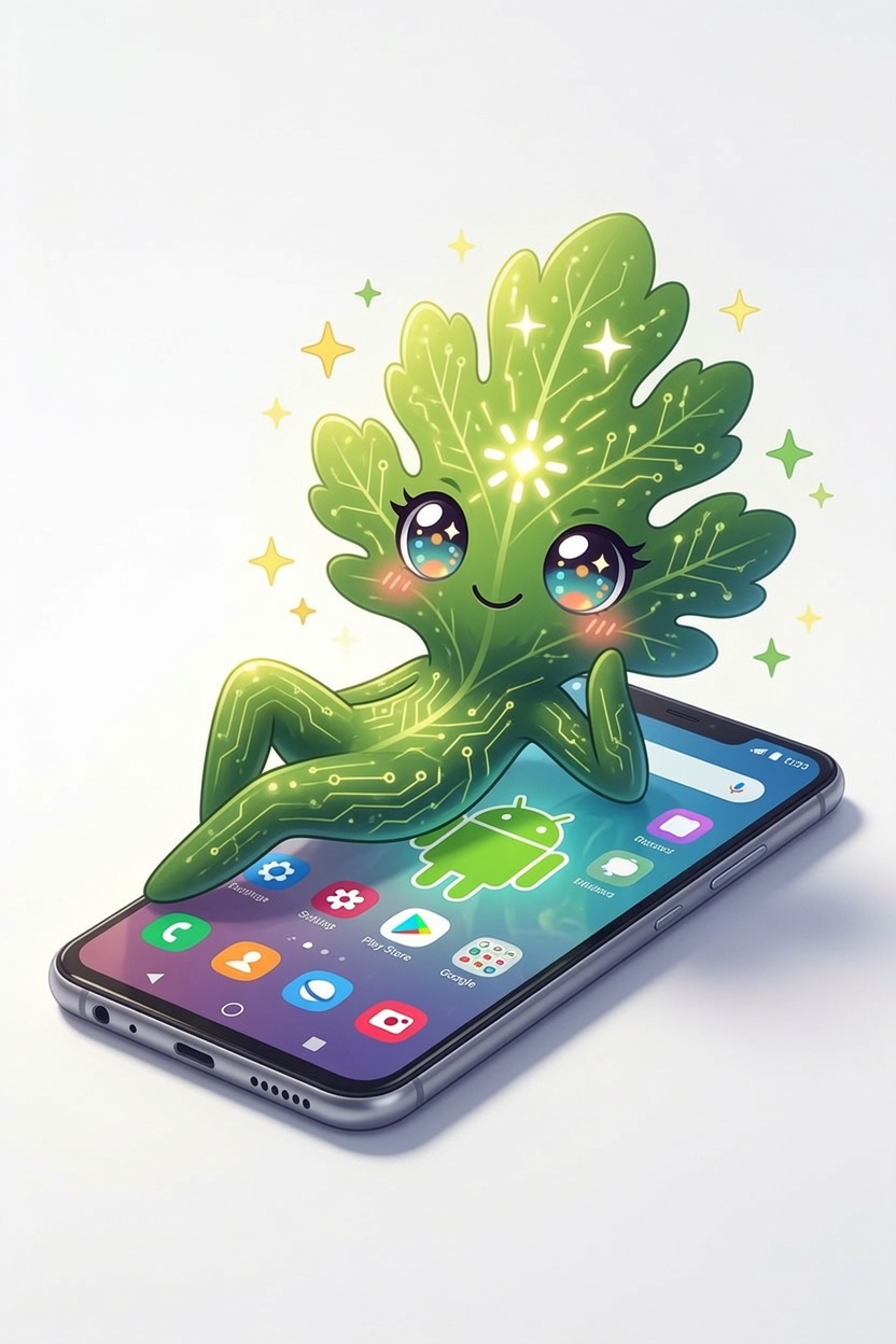 Sprig, Chervil's leafy-green mascot with glowing circuit-trace veins and big friendly eyes, reclining on an Android phone that lies flat like a lounge chair. The phone's home screen shows the green Android robot, a search bar, and colorful app icons; sparkles surround Sprig on a clean white background.