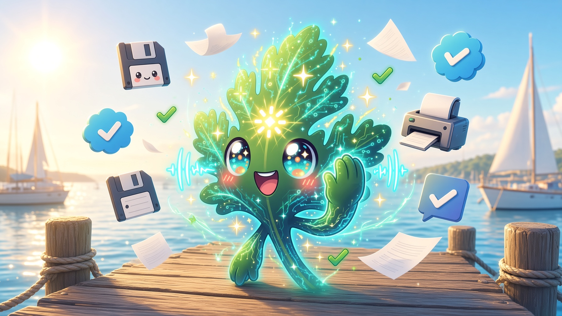 Sprig, Chervil's leafy-green mascot with glowing circuit-trace veins and big friendly eyes, standing on a sunlit wooden wharf and waving. Floating around him are floppy-disk save icons, a printer feeding a sheet of paper, loose pages, green checkmarks, and blue speech bubbles; sailboats and calm water fill the background.