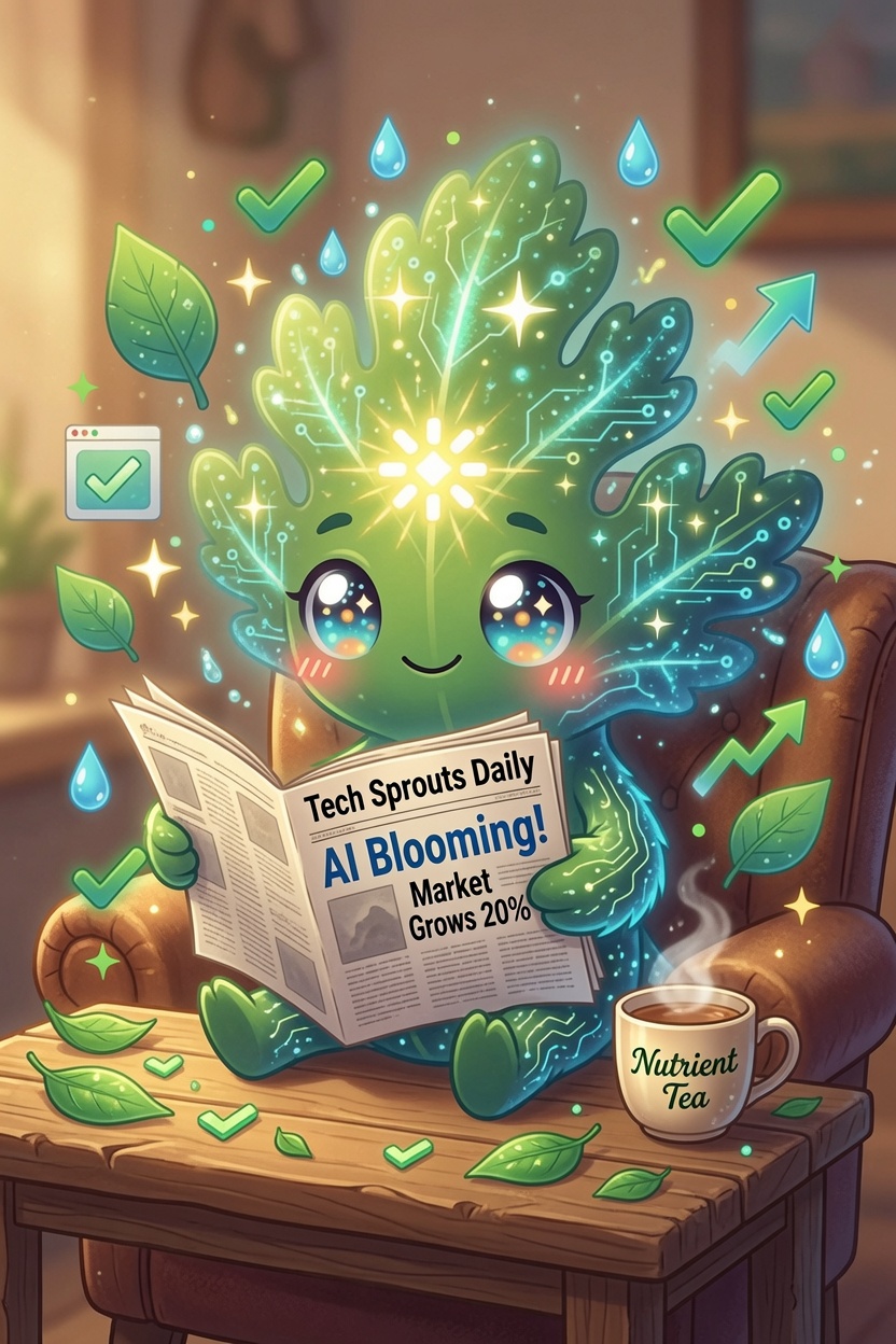 Sprig, Chervil's leafy mascot, relaxing in an armchair reading a newspaper titled “Tech Sprouts Daily — AI Blooming!”