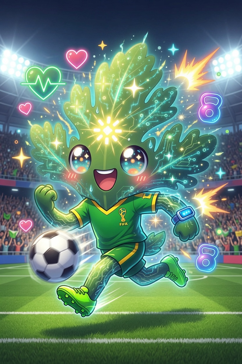 Sprig, Chervil's leafy mascot, in a green FIFA jersey kicking a soccer ball across a stadium pitch.