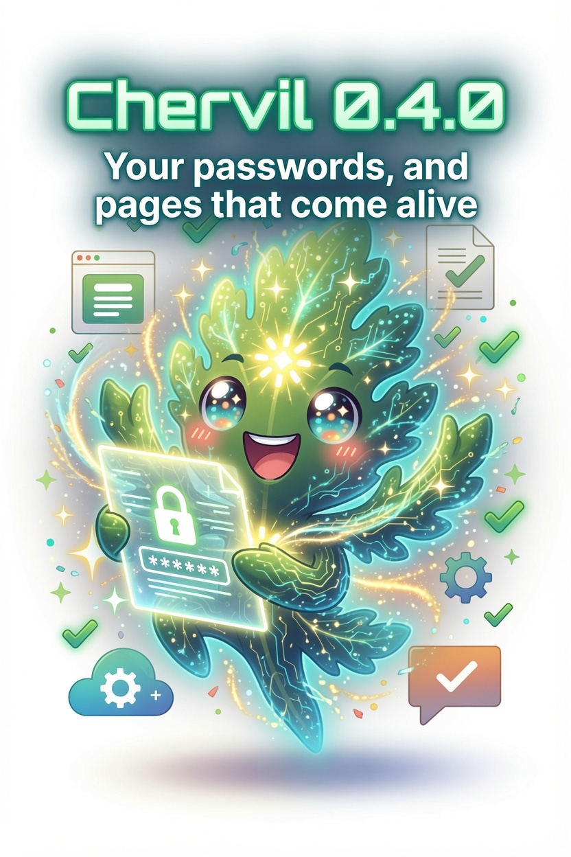 Sprig, Chervil's glowing leafy mascot, beaming as it holds a password card with a padlock and dots, surrounded by green checkmarks, a cloud-gear, and a chat bubble. Title: Chervil 0.4.0 — Your passwords, and pages that come alive.