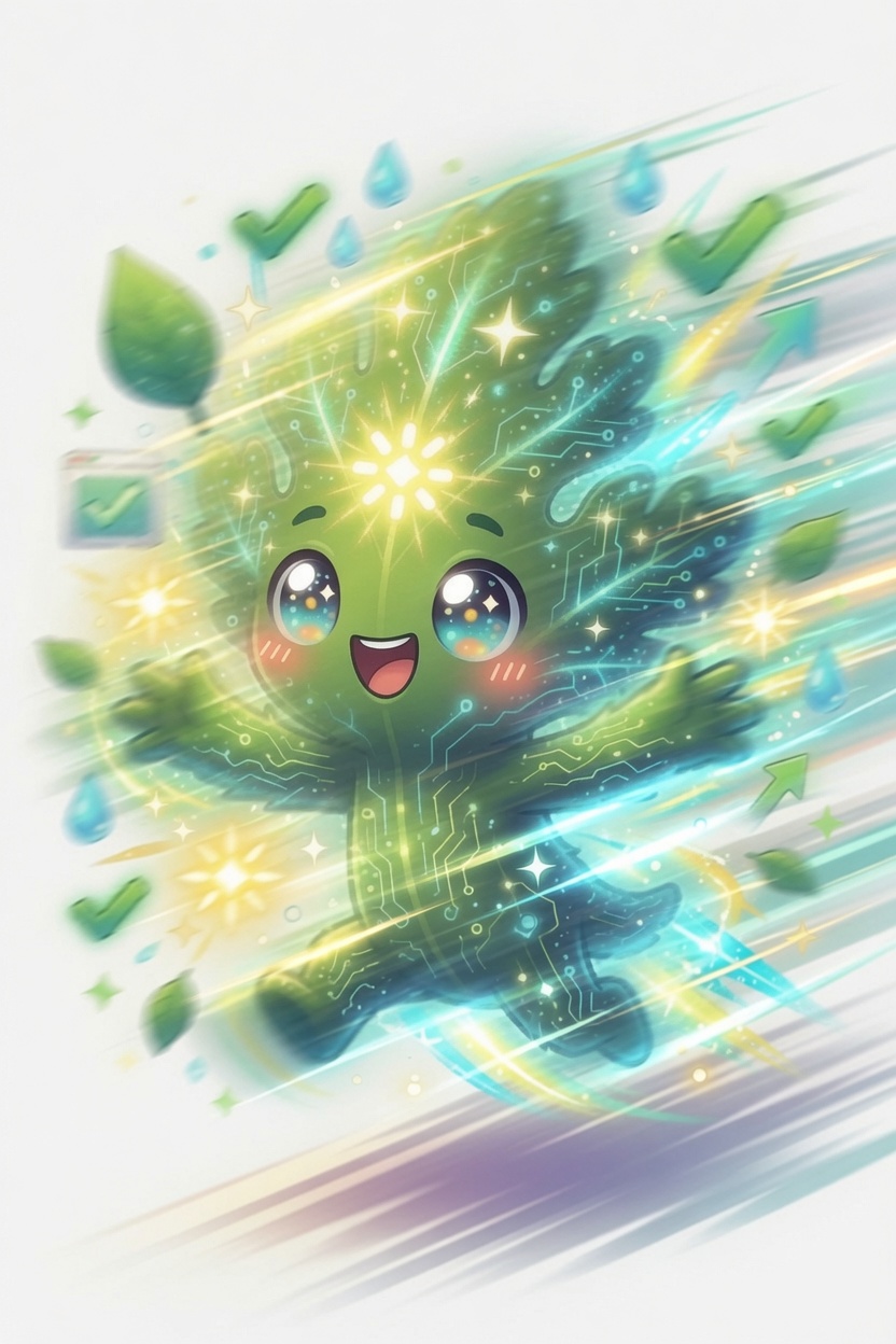 Sprig, Chervil's leafy green mascot, dashing forward in a blur of speed lines with circuit-board patterns glowing through its leaves, surrounded by green checkmarks and sparkles — Chervil 0.6.0.