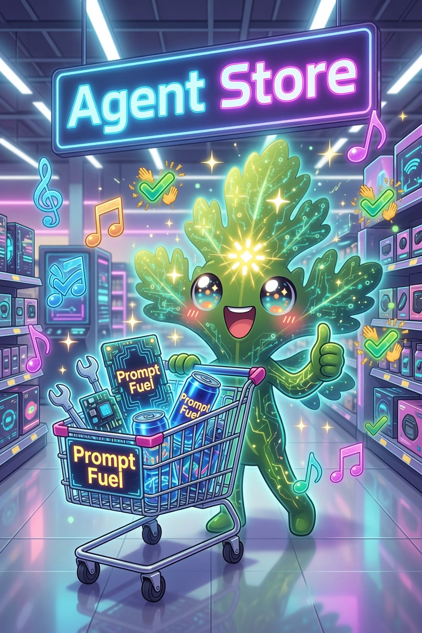Sprig, Chervil's leafy green mascot, grinning and pushing a shopping cart full of 'Prompt Fuel' cans down a neon-lit aisle under a glowing 'Agent Store' sign — Chervil 0.7.0.