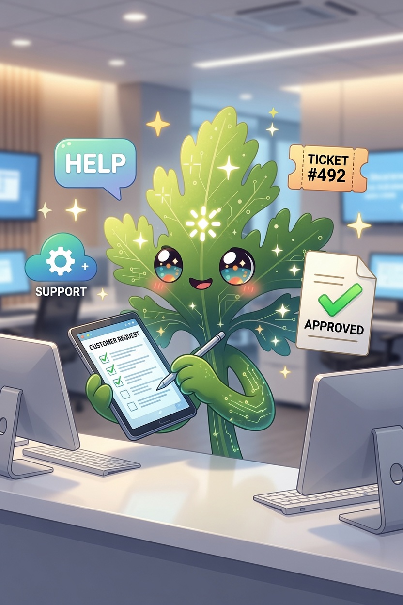 Sprig, Chervil's leafy green mascot, at a support desk holding a tablet with a customer-request checklist, surrounded by HELP, SUPPORT, an approved ticket, and sparkles — Chervil 0.8.0.