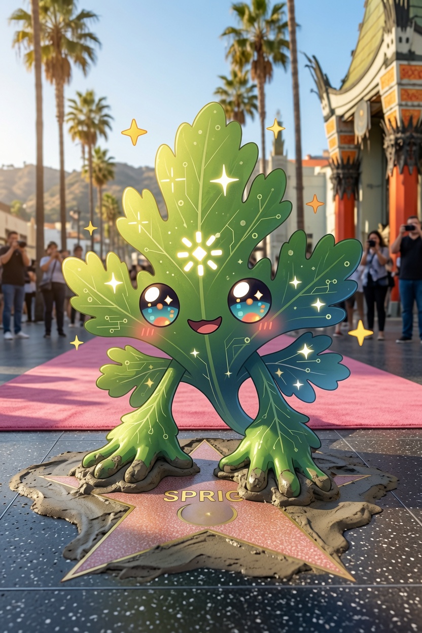 Sprig, Chervil's leafy green mascot, striking a pose on a pink “SPRIG” star on the Hollywood Walk of Fame outside the Chinese Theatre — palm trees, a red carpet, and photographers in the background — Chervil 0.9.0.