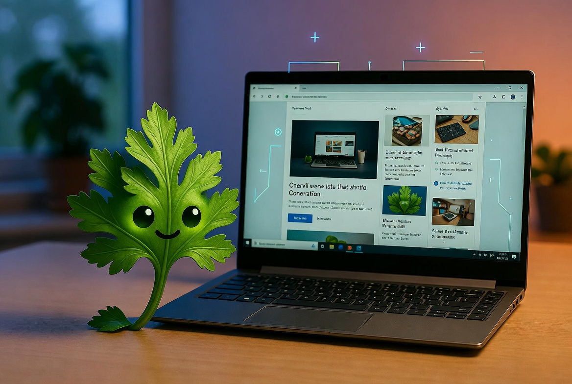 Sprig, Chervil's leafy mascot, beside a laptop showing a Chervil-composed page